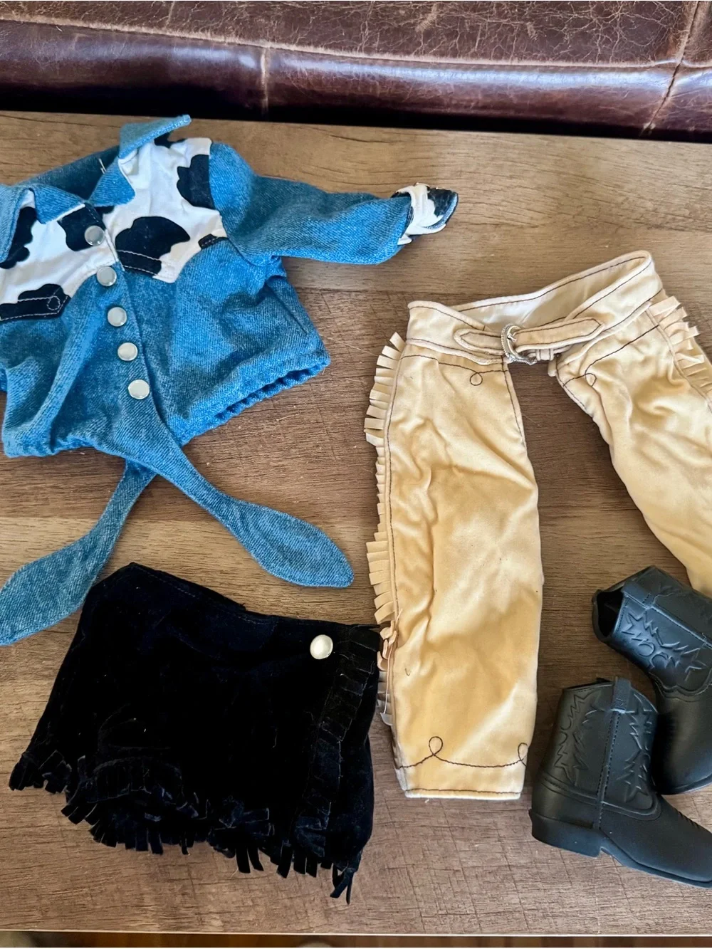 American Girl Blue Jacket Cream Fringe Chaps Black Skirt Set cowgirl 90s western